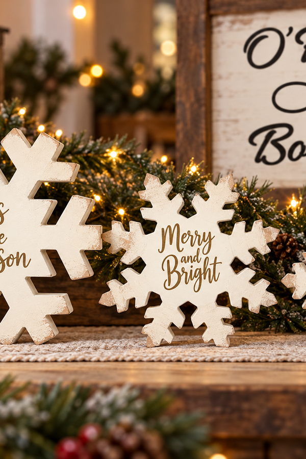 Wood Engraved Holiday Design Reversible Snowflake - Multiple Sizes