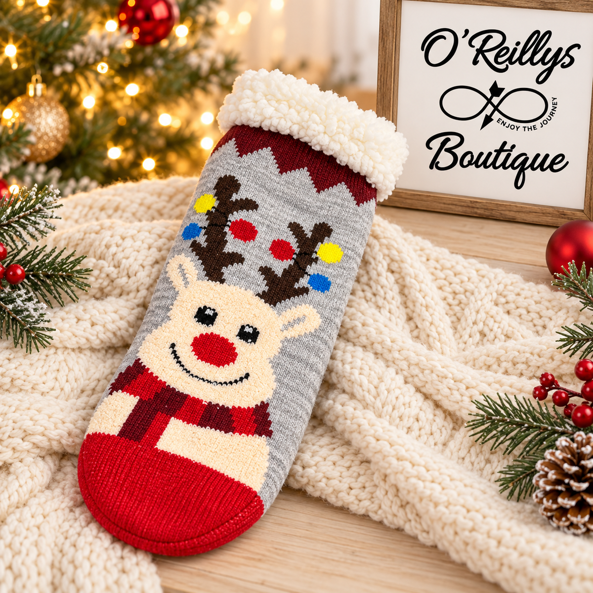Cozy Sherpa Trim Christmas Reindeer Socks