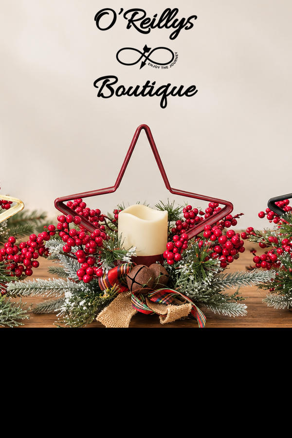 10" Metal Star Christmas Candle Holder W/ PVC, Berry, and 3" LED Candle - Multiple Colors