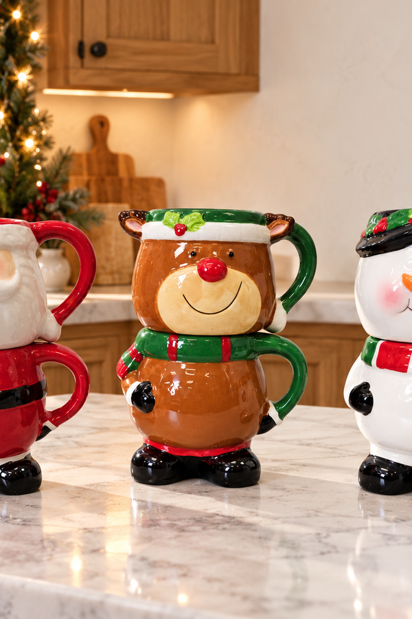 Set Of 2 Ceramic Christmas Figurine Mugs - Multiple Designs