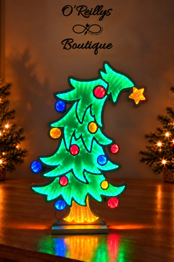 23.6"H UL Electric Christmas Tree Infinity Mirror Light W/ Wooden Base