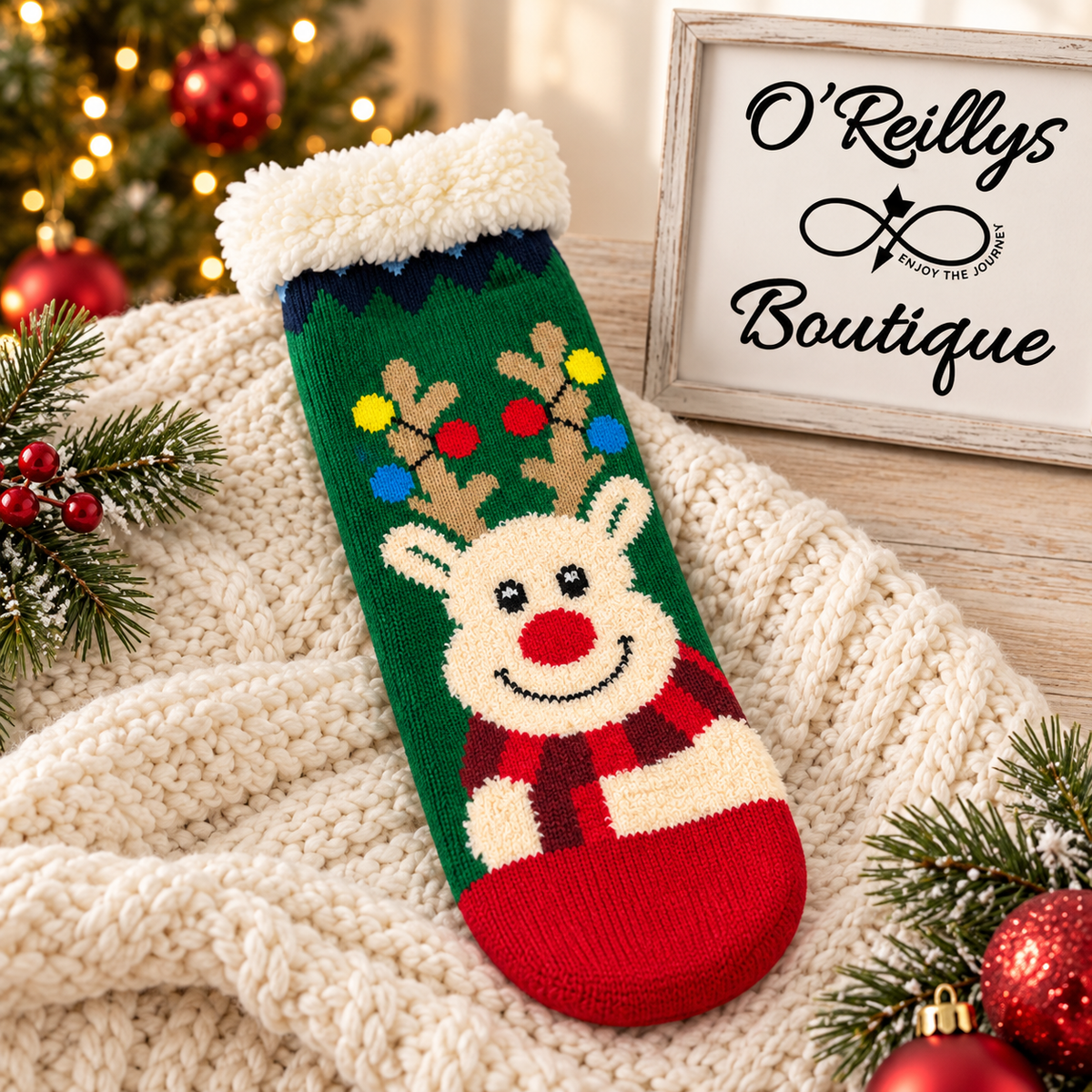 Cozy Sherpa Trim Christmas Reindeer Socks