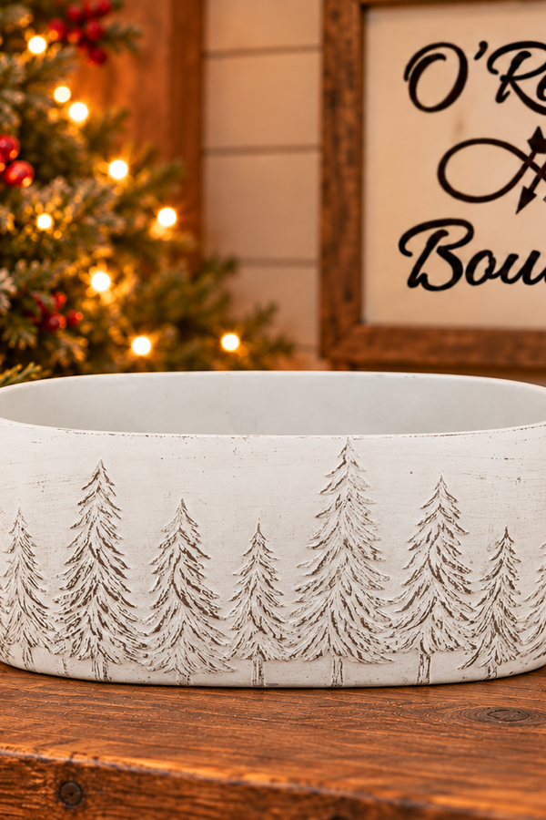 9"L Cement Oval Planter With Pines- Whitewash