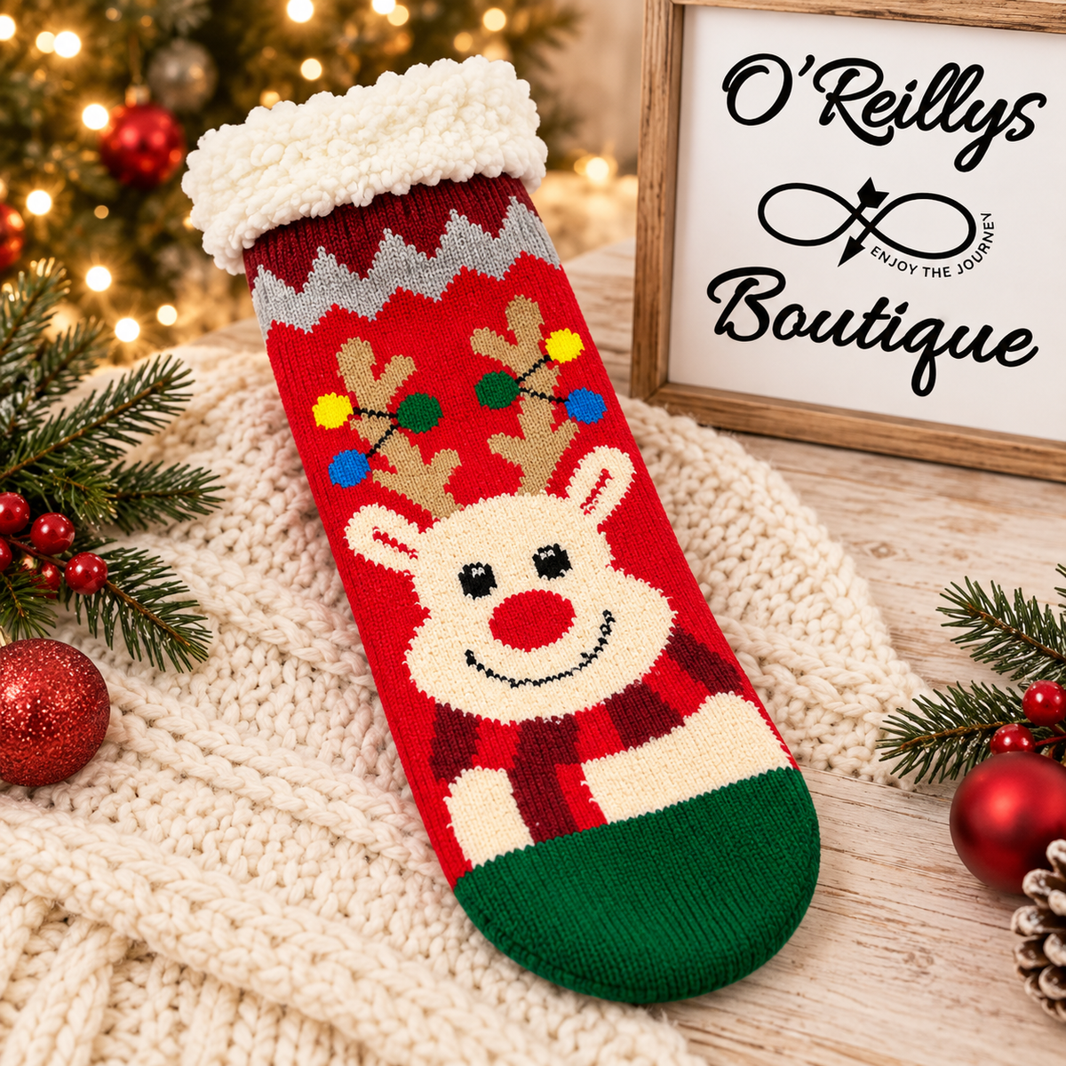 Cozy Sherpa Trim Christmas Reindeer Socks