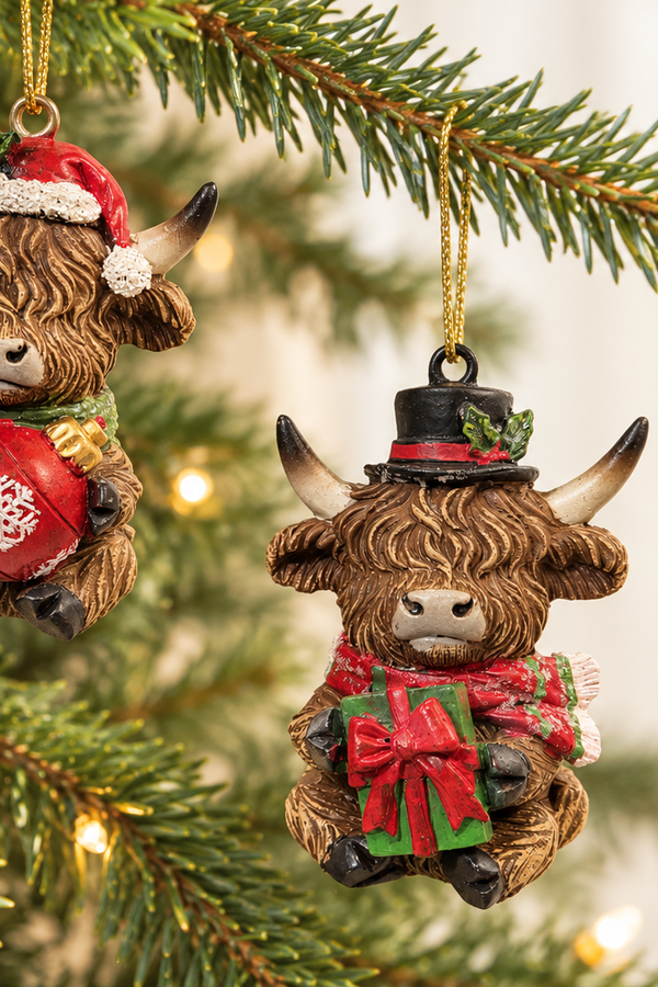 2.95"H Resin Holiday Highland Cow Ornament - Multiple Designs