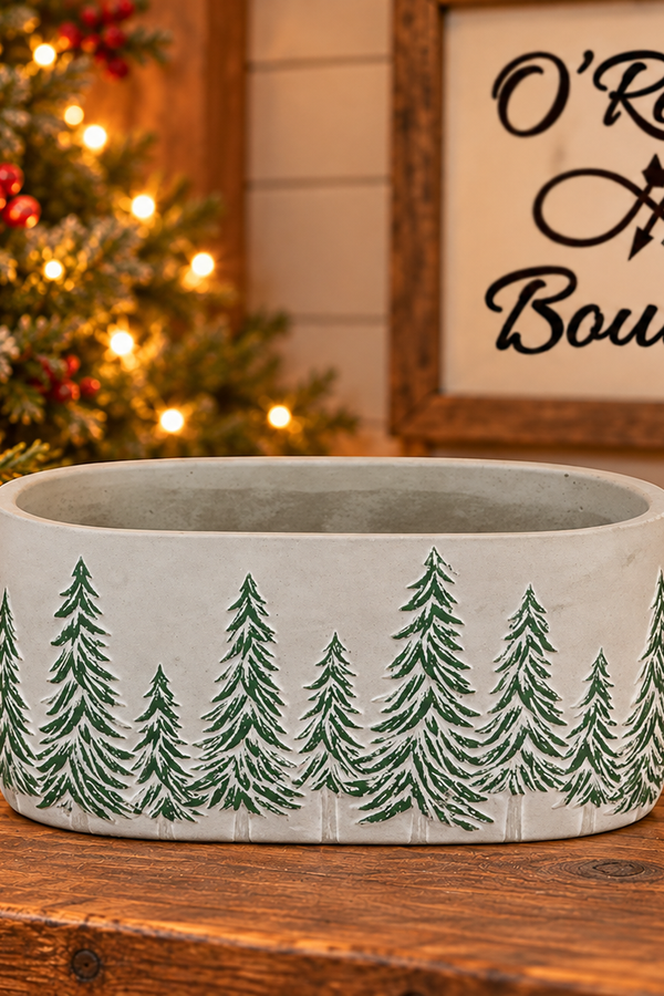 9"X4.25" Cement Oval Planter with Pines - Green