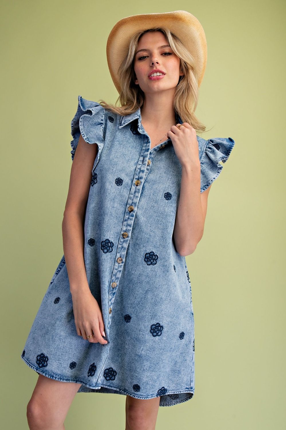 Flower Embroidered Detailing Dress - Washed Denim